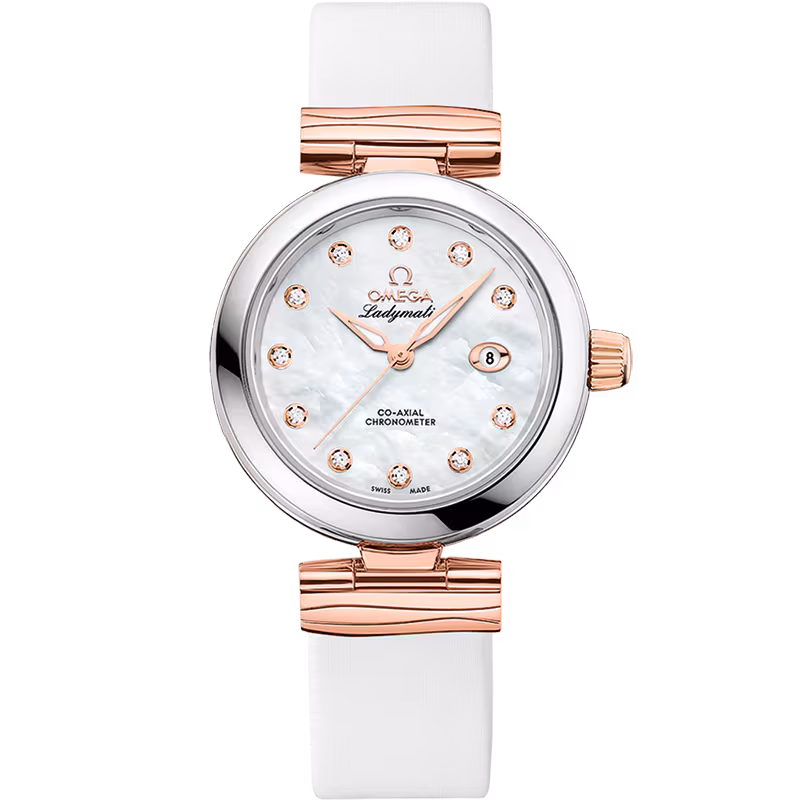 Omega De Ville Ladymatic 34 mm, steel ‑ Sedna™ gold on leather strap 425.22.34.20.55.004