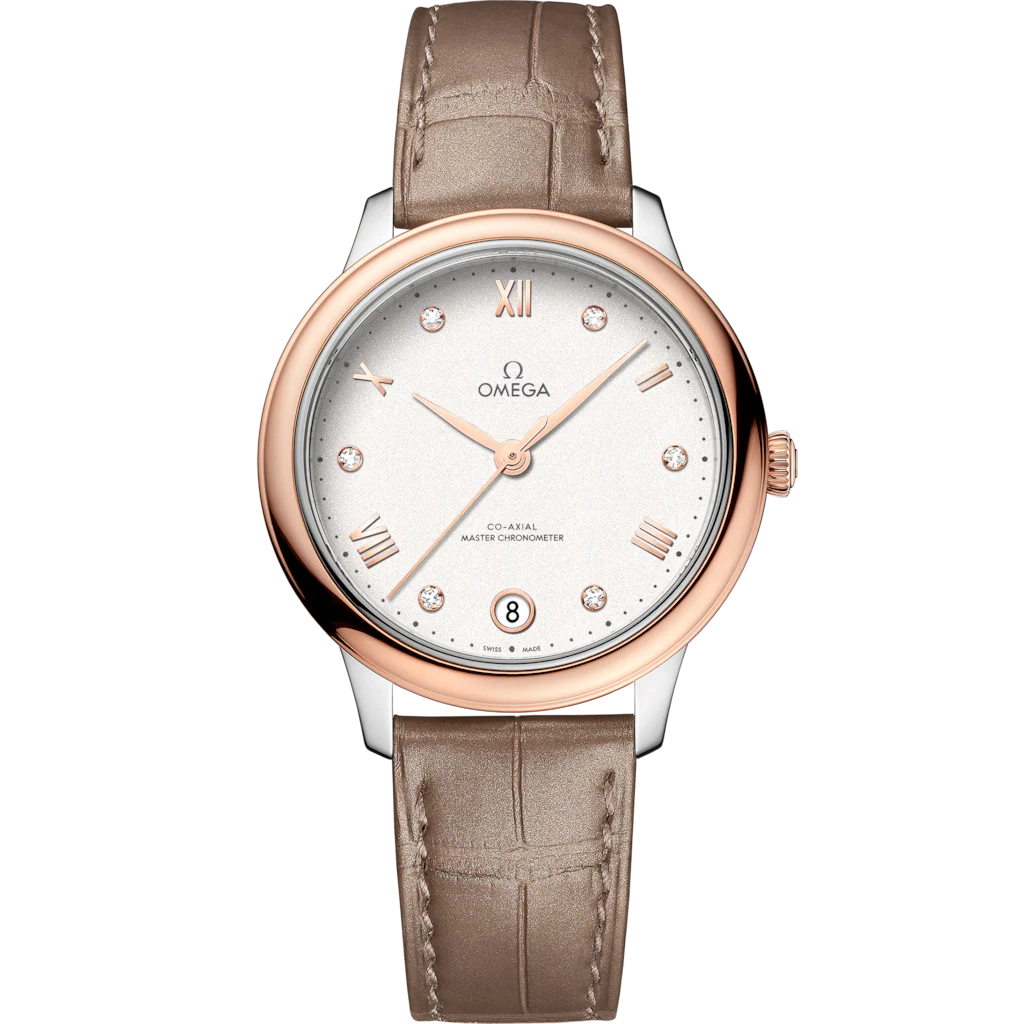 Omega De Ville Prestige 34 mm, steel ‑ Sedna™ gold on leather strap, De Ville Prestige 434.23.34.20.52.001
