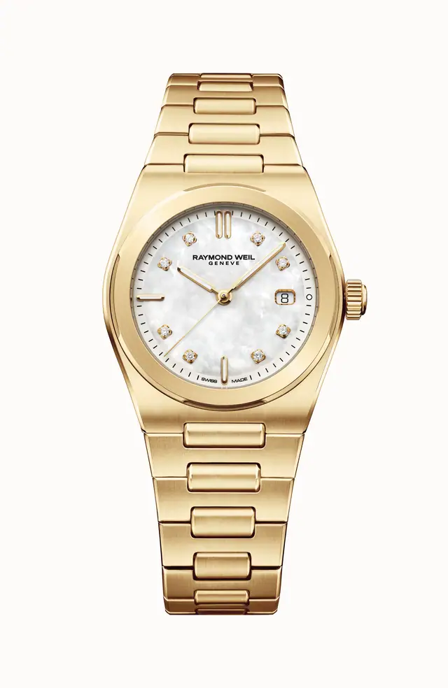 Raymond Weil A.R.T. Mother-of-pearl Dial Integrated Bracelet Stainless Steel With Yellow Gold PVD Quartz Watch, 30 mm 1250-P-97081