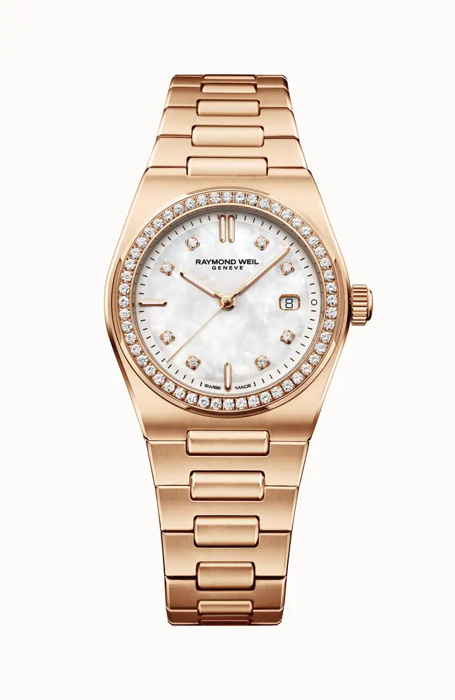 Raymond Weil A.R.T. Mother-of-pearl Dial Diamond-Set Bezel Integrated Bracelet Stainless Steel With Rose Gold PVD Quartz Watch, 30 mm 1250-P5S-97081