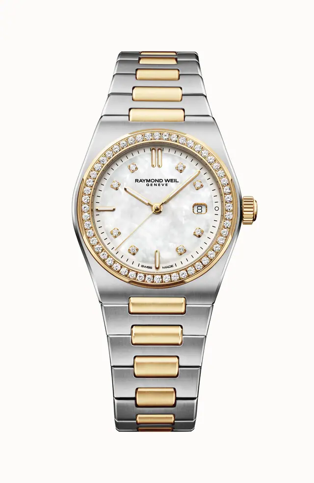 Raymond Weil A.R.T. Mother-of-pearl Dial Diamond-Set Bezel Integrated Two-tone Bracelet Quartz Watch, 30 mm 1250-SPS-97081