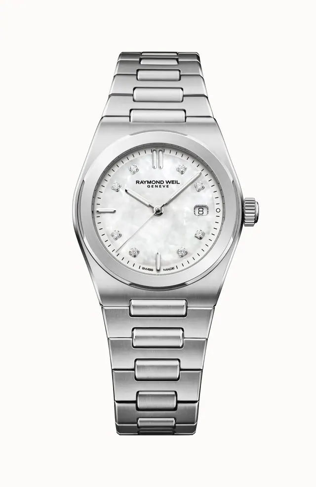 Raymond Weil A.R.T. Mother-of-pearl Dial Integrated Stainless Steel Bracelet Quartz Watch, 30 mm 1250-ST-97081
