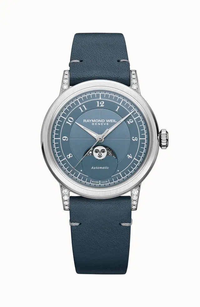 Raymond Weil Millesime Automatic Moon Phase Denim Blue Dial Watch, 35 mm, 35 mm, blue dial 2145-SCS-05511