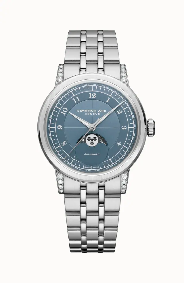 Raymond Weil Millesime Automatic Moon Phase Denim Blue Dial Watch, 35 mm, 35 mm, blue dial 2145-STS-05511