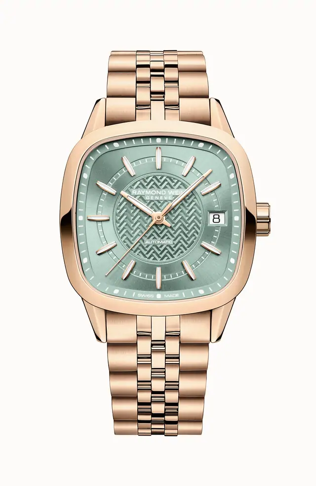 Raymond Weil Freelancer Ladies Automatic Green Dial Rose Gold Bracelet Cushion Shape Watch, 34 x 34 mm 2490-P5-52061