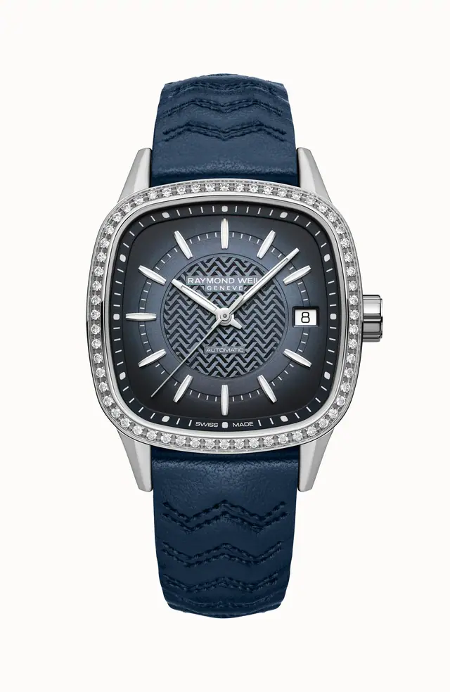 Raymond Weil Freelancer Ladies Automatic Blue Dial Leather Cushion Shape Watch, 34 x 34 mm 2490-SCS-50051