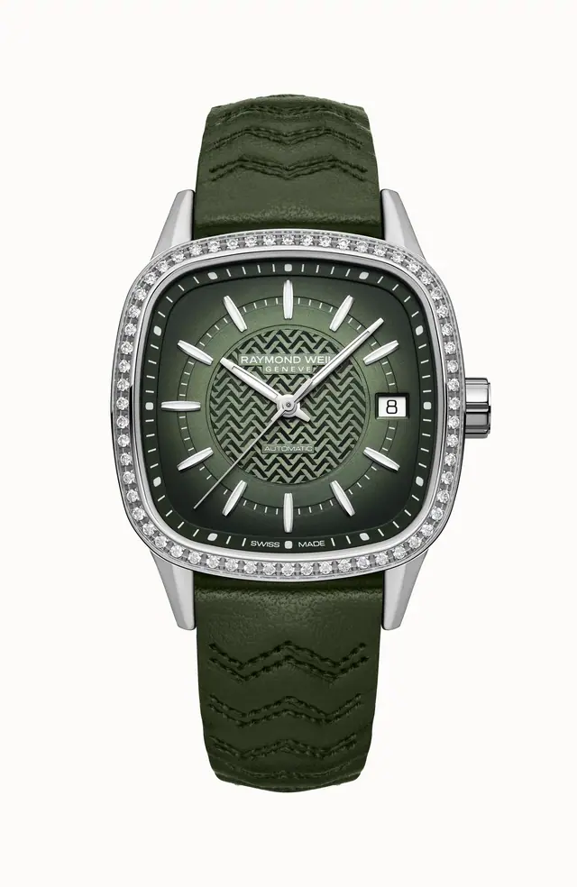 Raymond Weil Freelancer Ladies Automatic Green Dial Leather Cushion Shape Watch, 34 x 34 mm 2490-SCS-52051