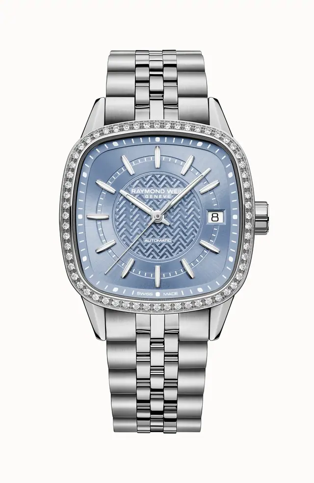 Raymond Weil Freelancer Ladies Automatic Ice Blue Dial Bracelet Cushion Shape Watch, 34 x 34 mm 2490-STS-50061