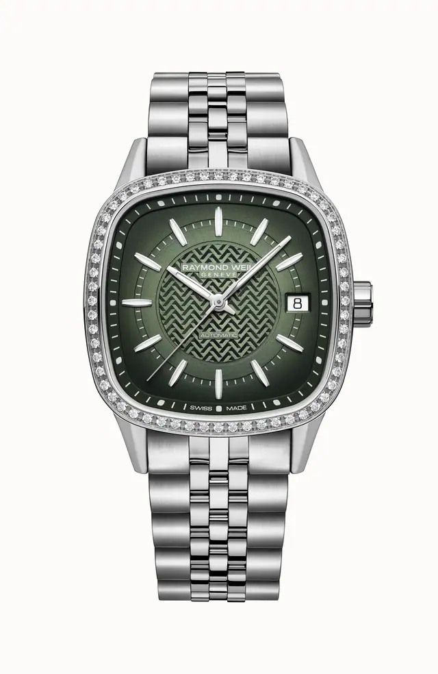 Raymond Weil Freelancer Ladies Automatic Green Dial Bracelet Cushion Shape Watch, 34 x 34 mm 2490-STS-52051