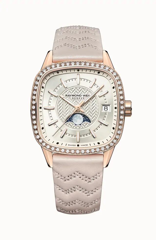 Raymond Weil Freelancer Automatic Moon Phase and Leather Strap Cushion Shape Watch, 34 x 34 mm 2496-C5S-40051
