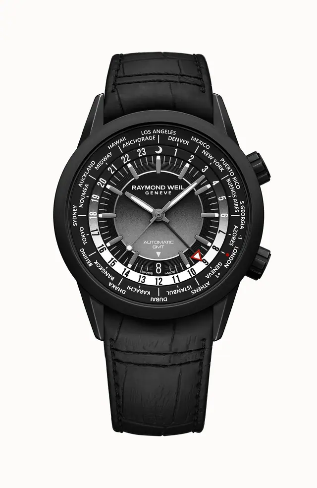 Raymond Weil Freelancer Men's GMT Worldtimer Black Leather Automatic Watch, 41 mm 2765-BKC-20001