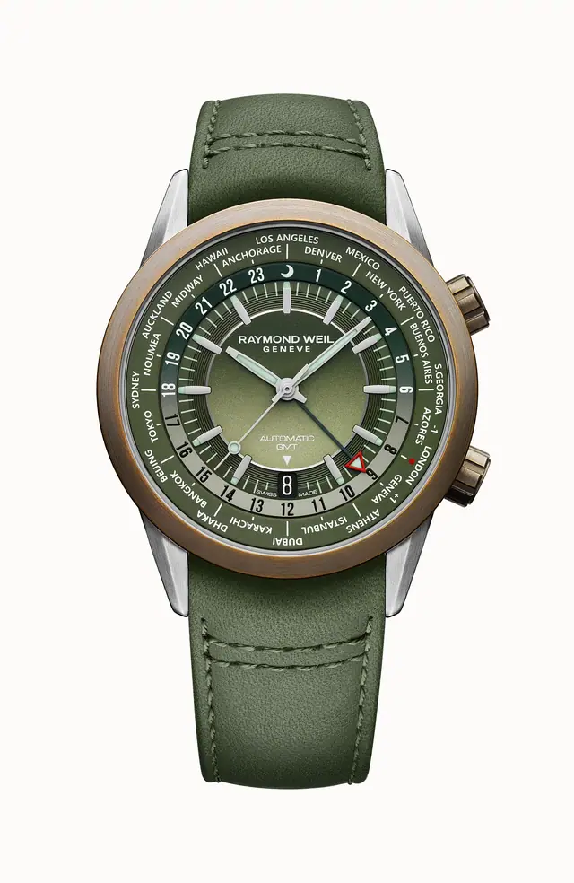 Raymond Weil Freelancer Men's GMT Worldtimer Green Leather Automatic Watch, 41 mm 2765-SBC-52001