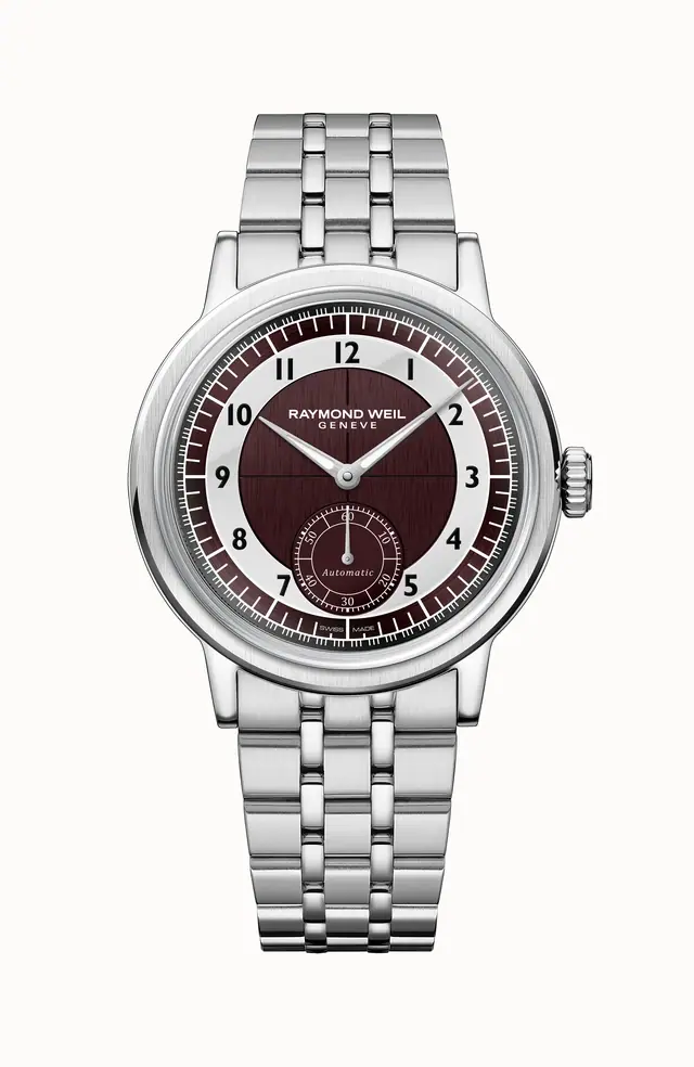 Raymond Weil Millesime Men's Automatic Small Seconds Tuxedo Burgundy and Light Grey Dial Bracelet Watch, 39 mm 2930-ST-05450