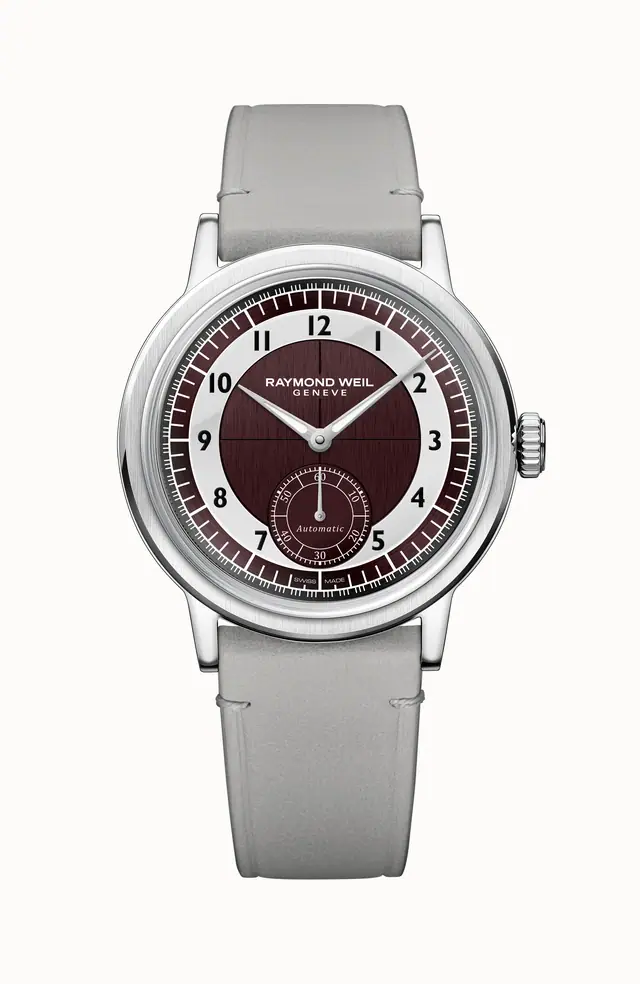Raymond Weil Millesime Men's Automatic Small Seconds Tuxedo Burgundy and Light Grey Dial Watch, 39 mm 2930-STC-05450