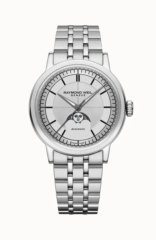 Raymond Weil Millesime Automatic Moon Phase Silver Dial Watch, 39 mm, 39 mm, silver dial 2945-ST-65001