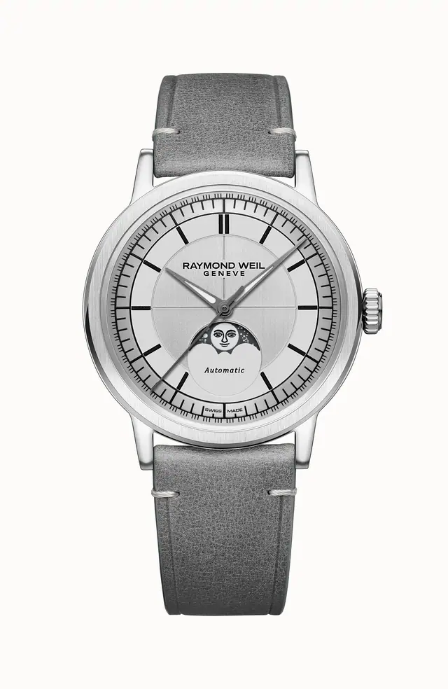Raymond Weil Millesime Automatic Moon Phase Silver Dial Watch, 39 mm, 39 mm, silver dial 2945-STC-65001