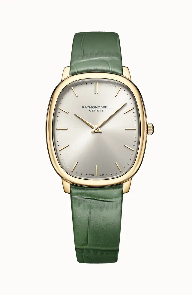 Raymond Weil Toccata Heritage Old Silver Dial Green Leather Strap Quartz Watch, 31 x 36 mm 5280-PC-64001