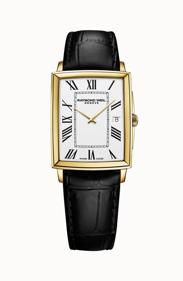 Raymond Weil Toccata Men's Gold PVD White Dial Leather Square Quartz Watch, 37 x 29 mm 5425-PC-00300