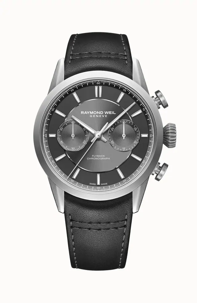 Raymond Weil Freelancer Men's Pilot Flyback Chronograph Leather Automatic Grey Dial Watch, 42 mm 7783-TIC-60001