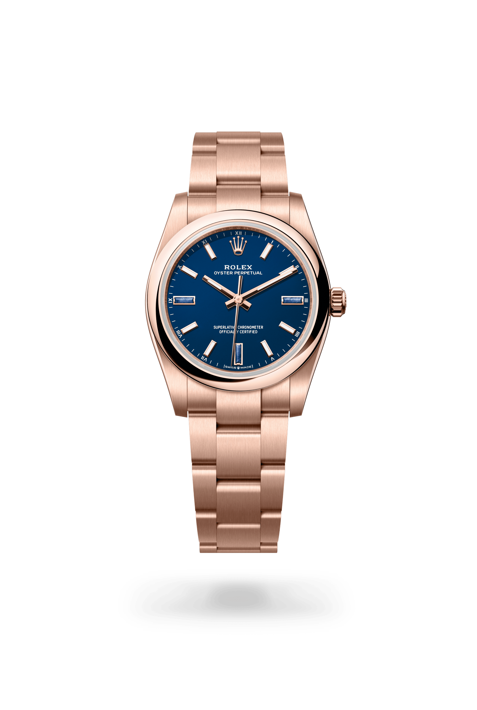 Rolex Oyster Perpetual 34, 18 kt Everose gold, Blue stone dial 124205-0002