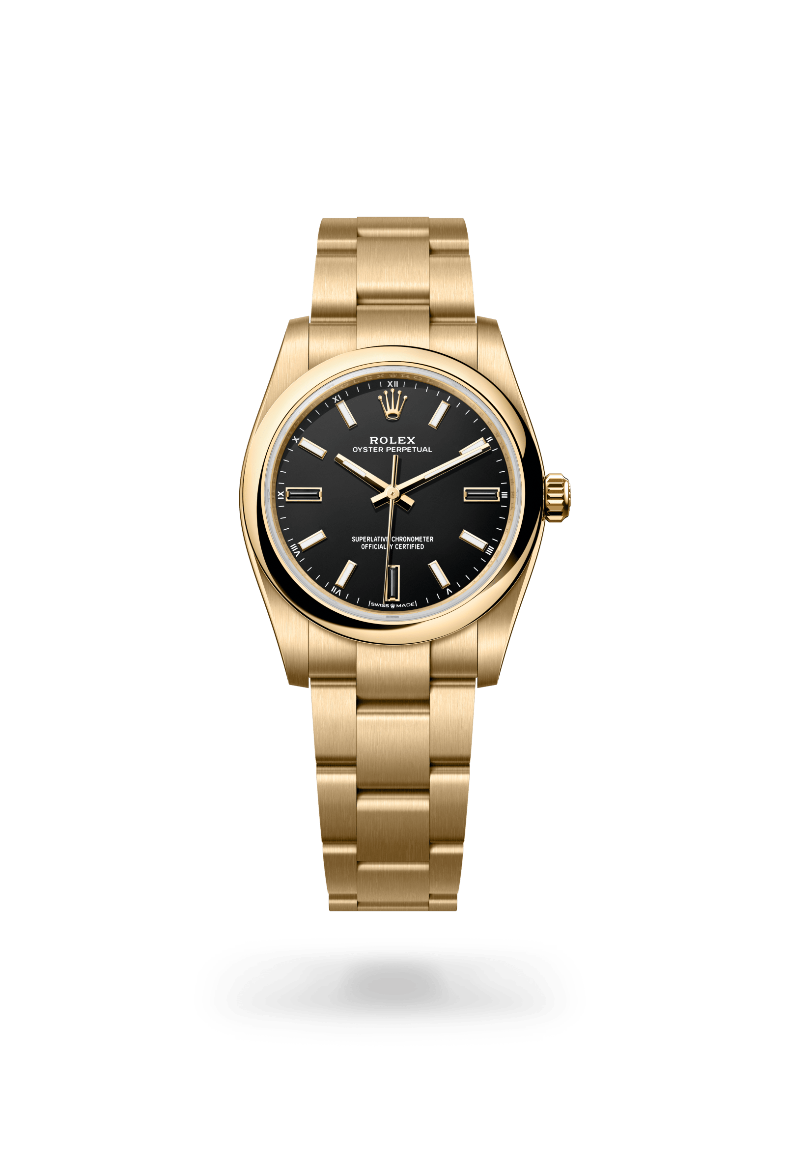 Rolex Oyster Perpetual 34, 18 kt yellow gold, Black dial 124208-0001