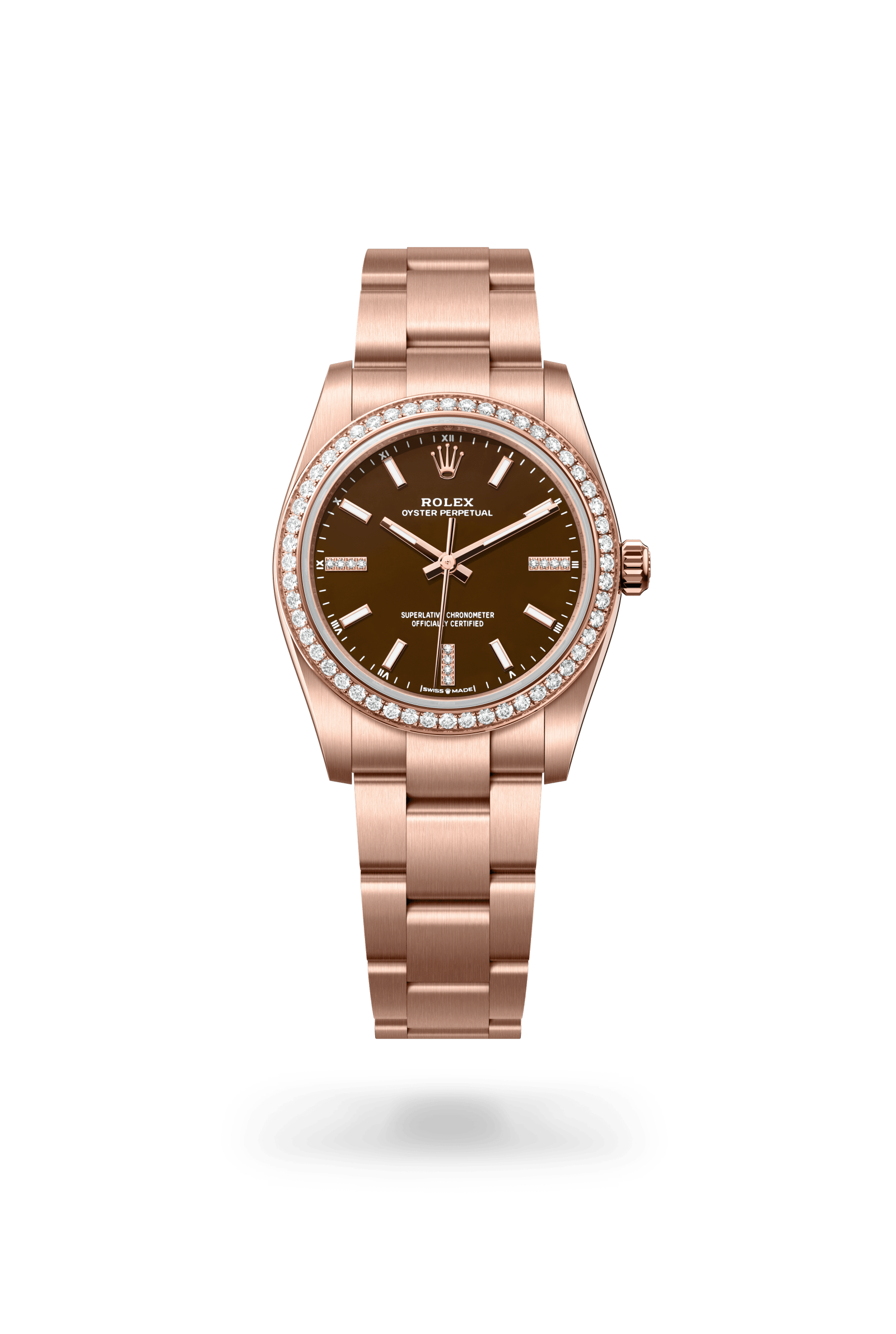 Rolex Oyster Perpetual 34, 18 kt Everose gold, Brown stone set with diamonds dial 124245RBR-0001
