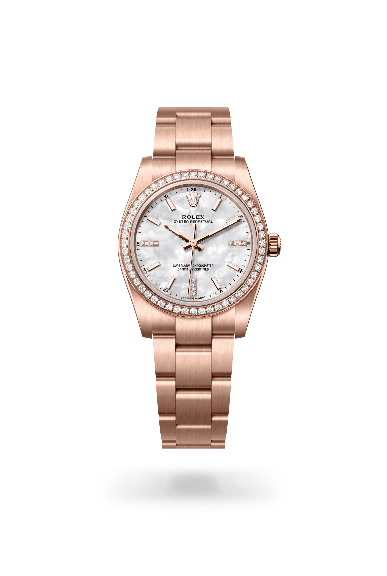 Rolex Oyster Perpetual 34, 18 kt Everose gold, White mother-of-pearl set with diamonds dial 124245RBR-0002