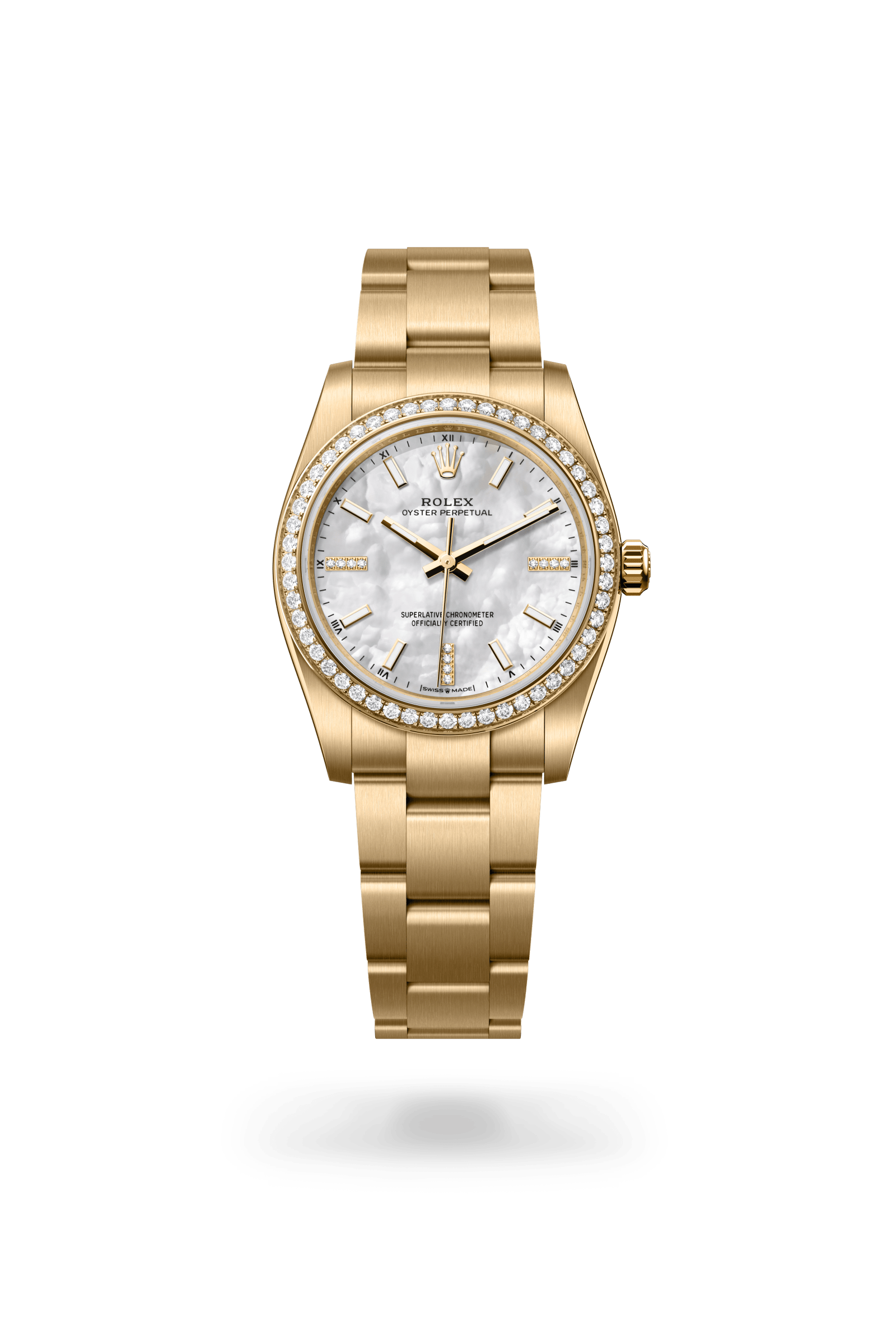 Rolex Oyster Perpetual 34, 18 kt yellow gold, White mother-of-pearl set with diamonds dial 124248RBR-0001