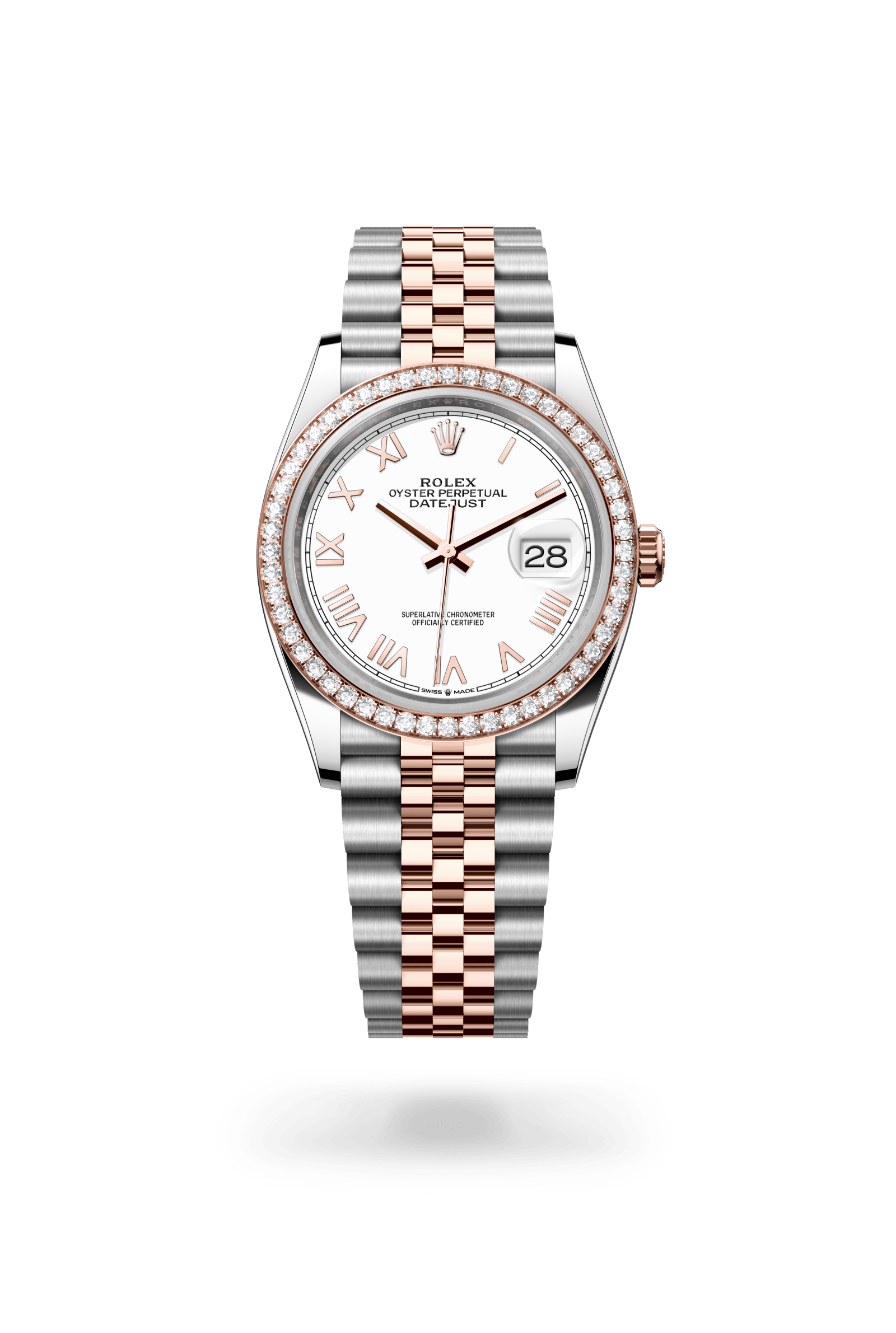 Rolex Datejust 36 Oyster, 36 mm, Oystersteel, Everose gold and diamonds, Everose Rolesor, White lacquer dial 126281RBR-0033