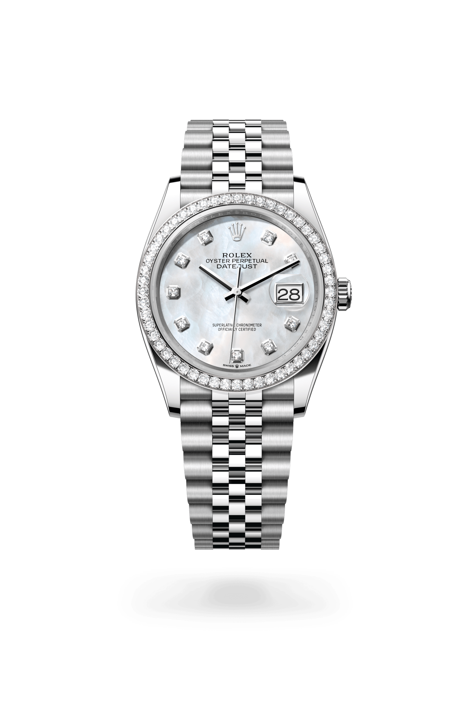 Rolex Datejust 36 Oyster, 36 mm, Oystersteel, white gold and diamonds, White Rolesor, White mother-of-pearl dial 126284RBR-0011