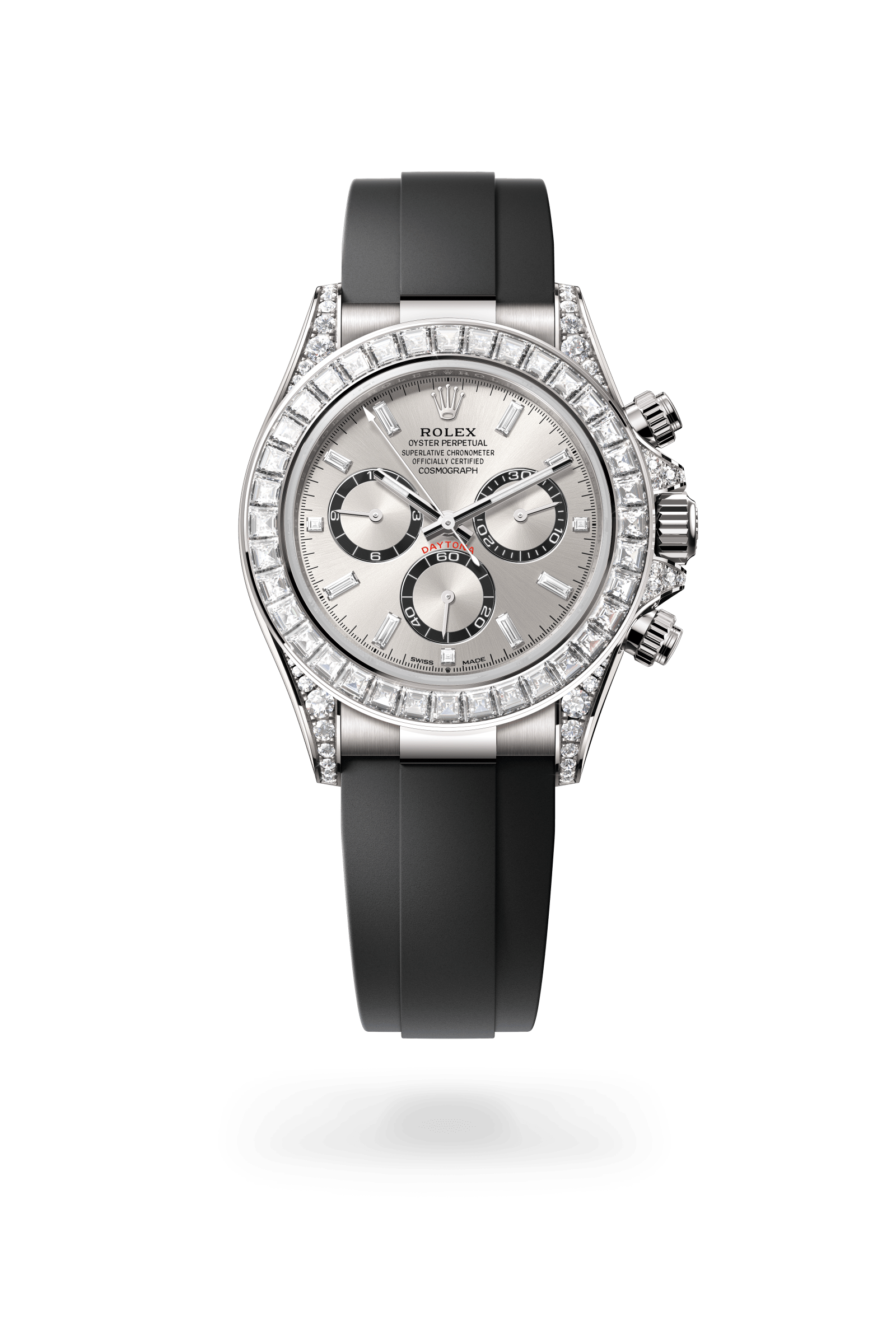 Rolex Cosmograph Daytona Oyster, 40 mm, white gold and diamonds, 18 kt white gold with lugs set with diamonds, Steel with bright black counter rings set with diamonds dial 126539TBR-0002