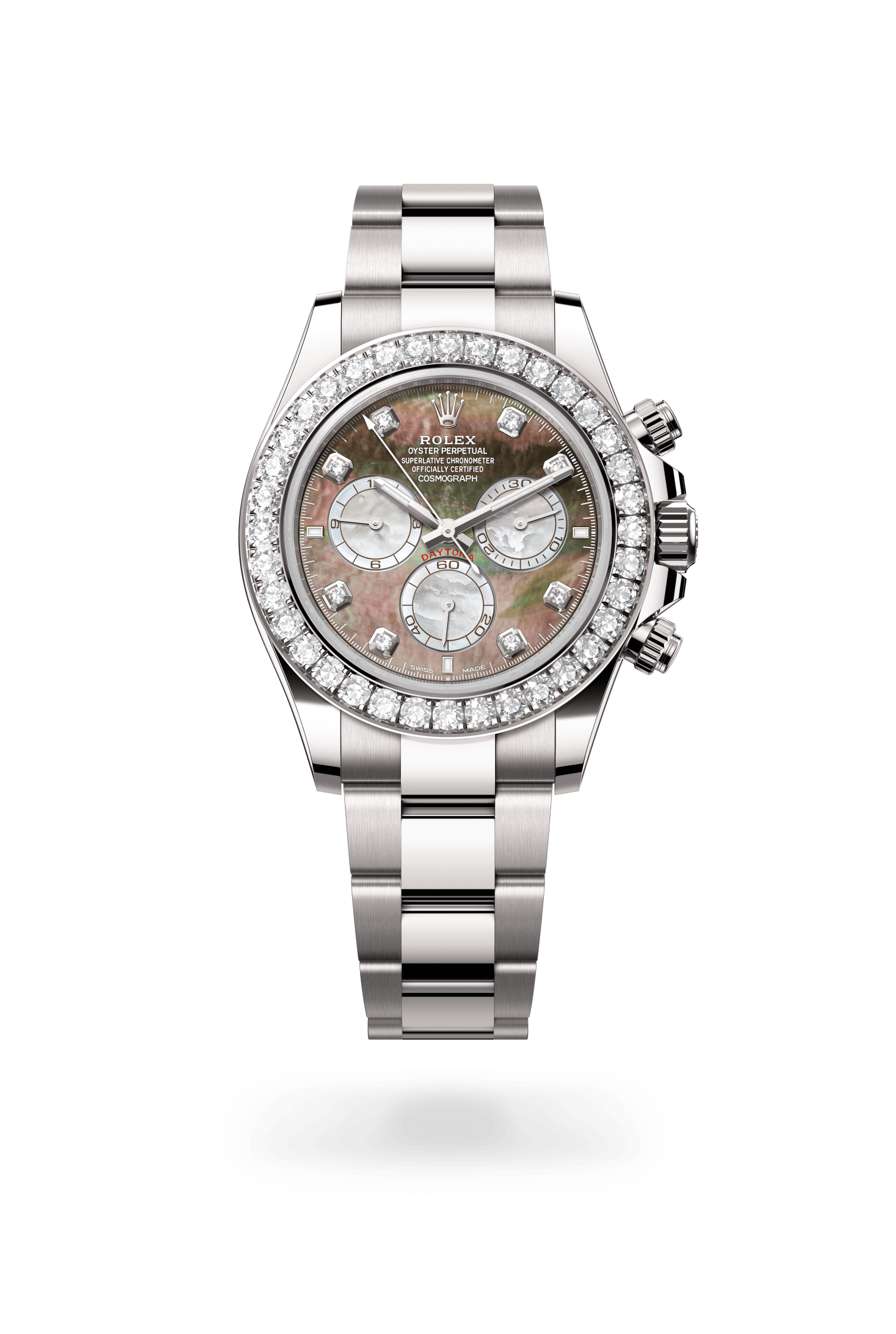 Rolex Cosmograph Daytona Oyster, 40 mm, white gold and diamonds, 18 kt white gold, Black and white mother-of-pearl set with diamonds dial 126579RBR-0001