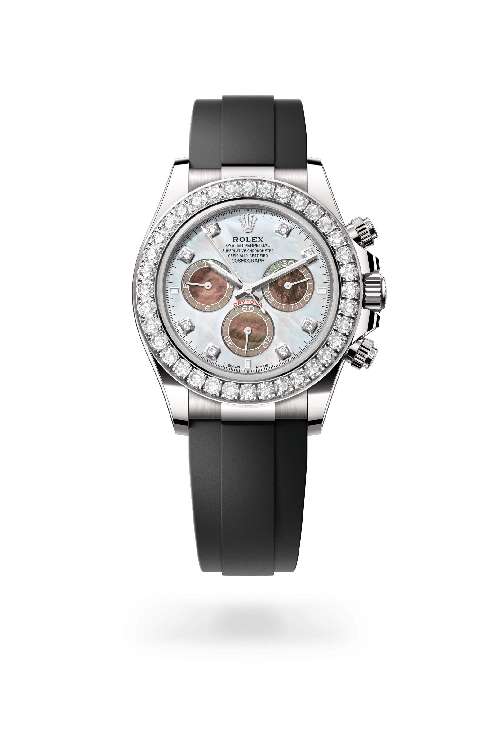 Rolex Cosmograph Daytona Oyster, 40 mm, white gold and diamonds, 18 kt white gold, White and black mother-of-pearl set with diamonds dial 126589RBR-0001