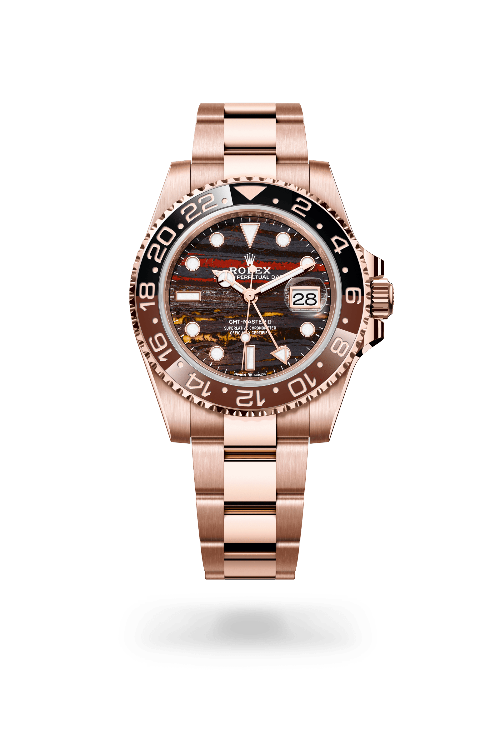Rolex Oyster Perpetual GMT-Master II, 40 mm, 18 kt Everose gold, 18 kt Everose gold, Tiger iron (metamorphic rock with golden and orangey tints) dial 126715CHNR-0002