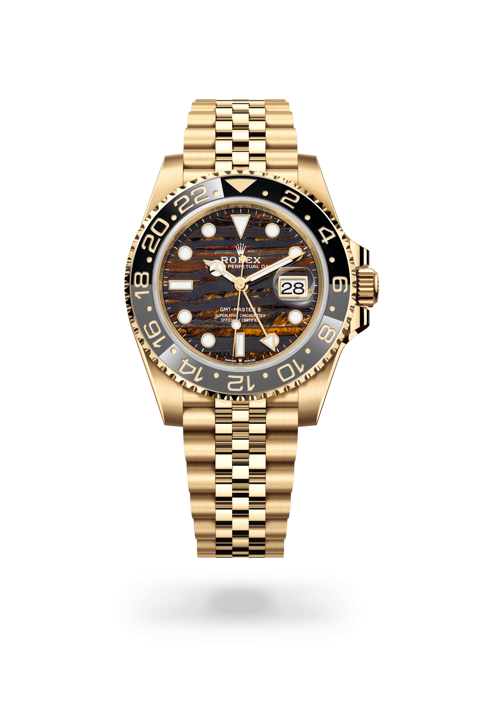 Rolex Oyster Perpetual GMT-Master II, 40 mm, 18 kt yellow gold, 18 kt yellow gold, Tiger iron (metamorphic rock with golden and orangey tints) dial 126718GRNR-0002