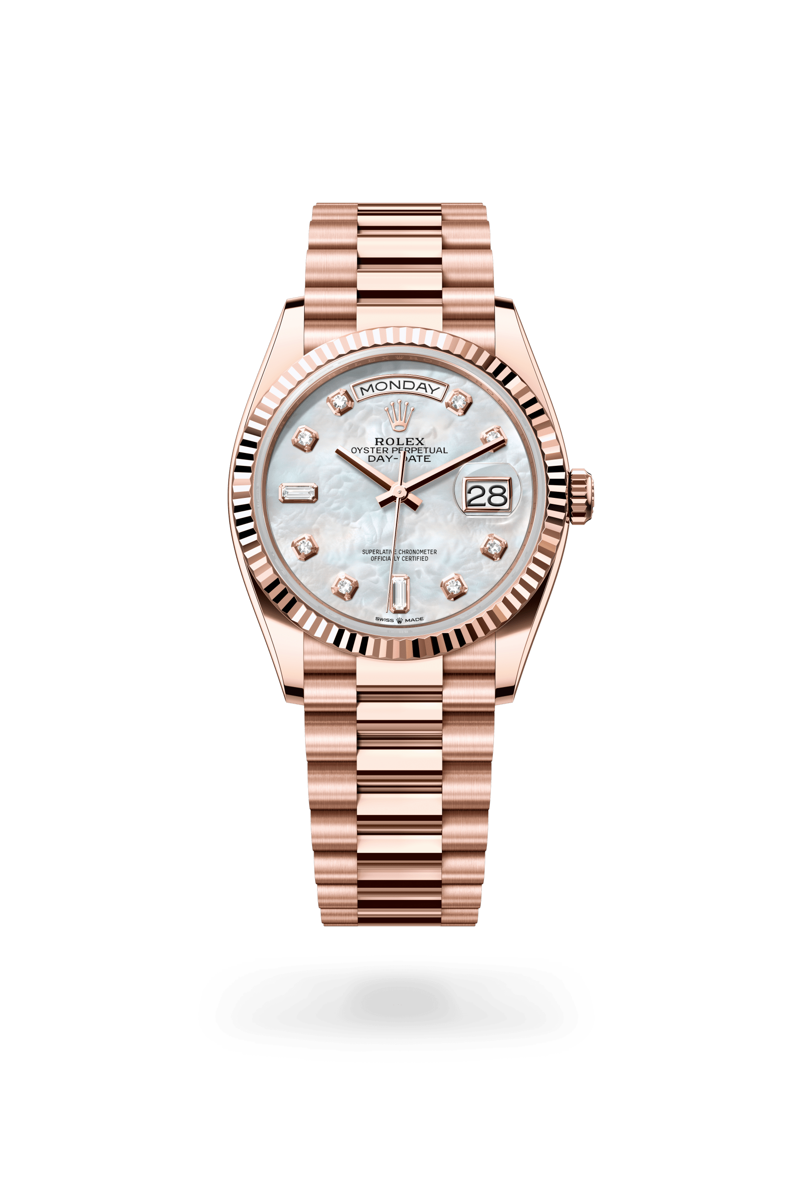 Rolex Oyster Perpetual Day-Date 36, 18 kt Everose gold, White mother-of-pearl set with diamonds dial 128235-0029