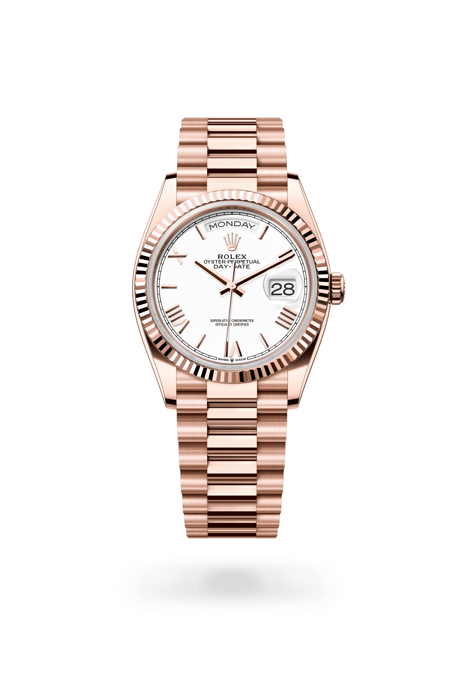 Rolex Oyster Perpetual Day-Date 36, 18 kt Everose gold, White lacquer dial 128235-0070