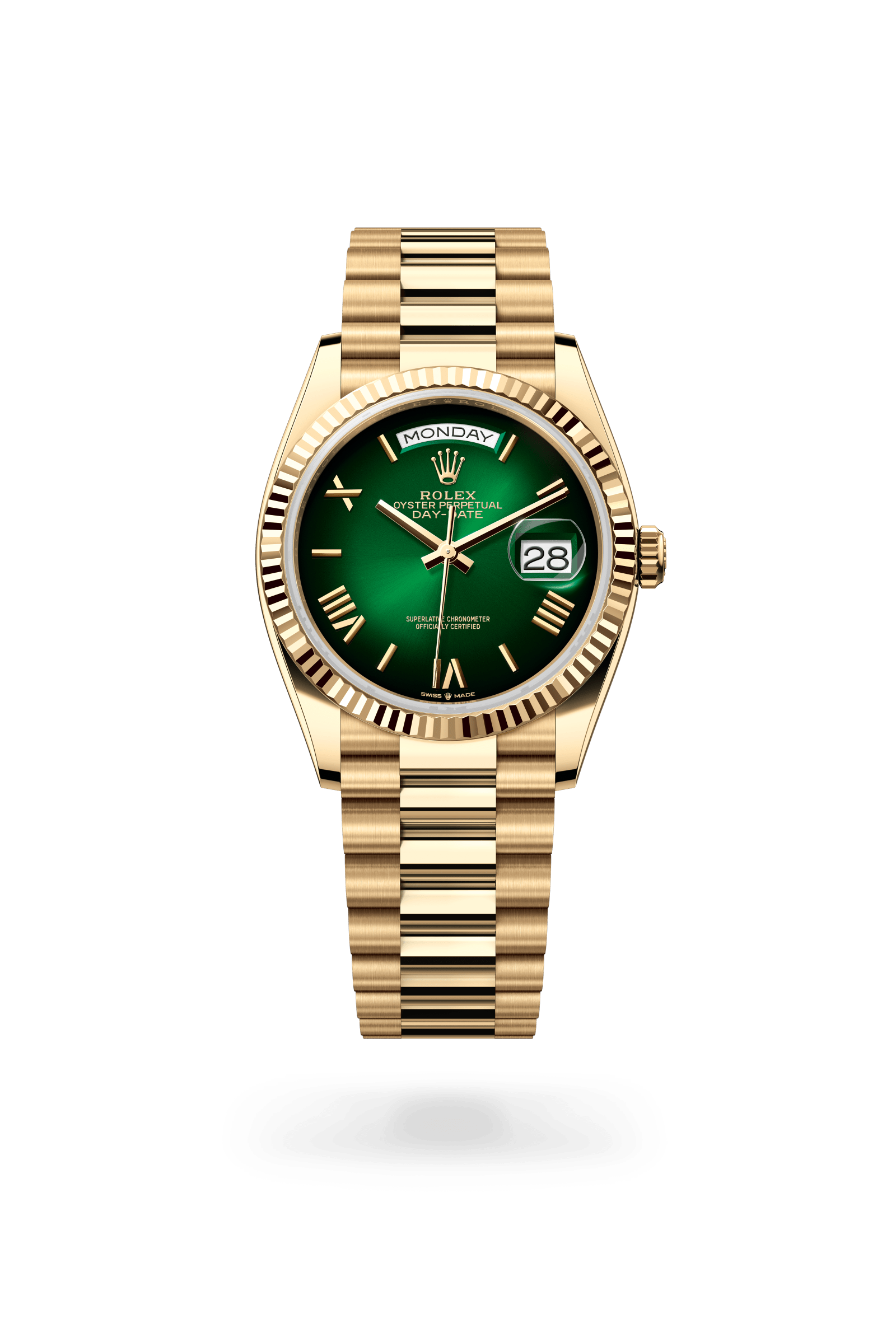 Rolex Oyster Perpetual Day-Date 36, 18 kt yellow gold, Green ombré dial 128238-0118