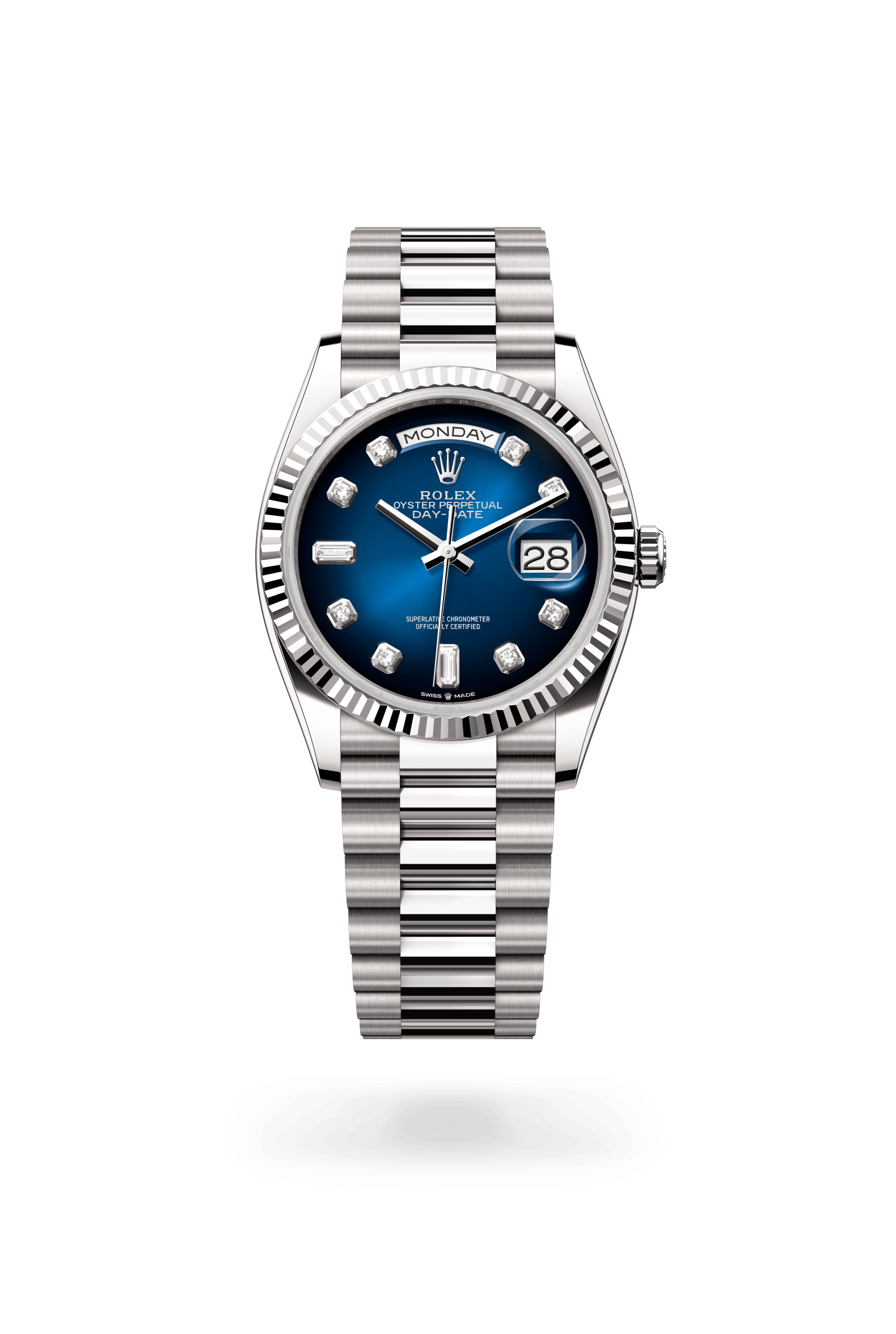 Rolex Oyster Perpetual Day-Date 36, 18 kt white gold, Blue ombré set with diamonds dial 128239-0023