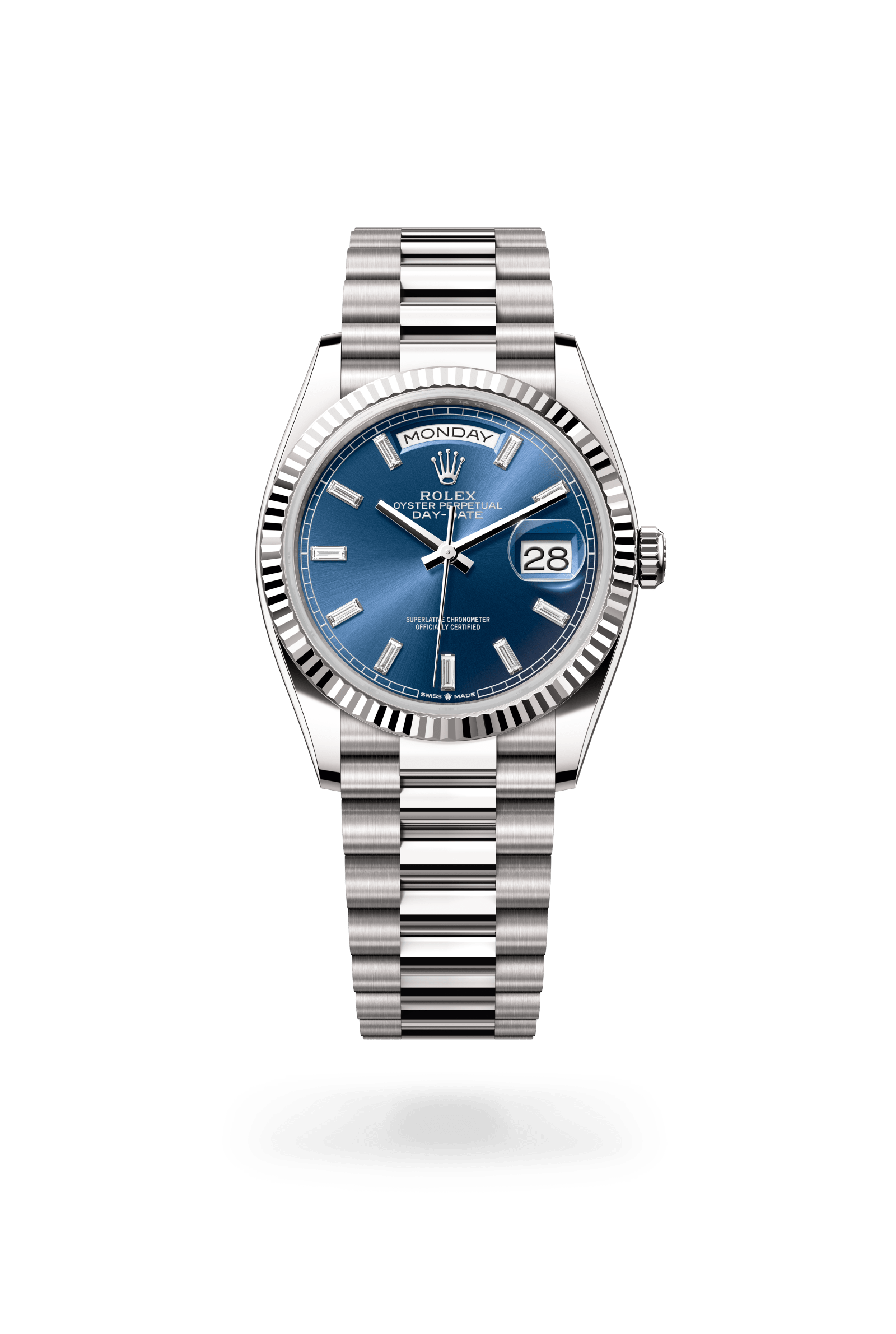 Rolex Oyster Perpetual Day-Date 36, 18 kt white gold, Bright blue dial 128239-0069