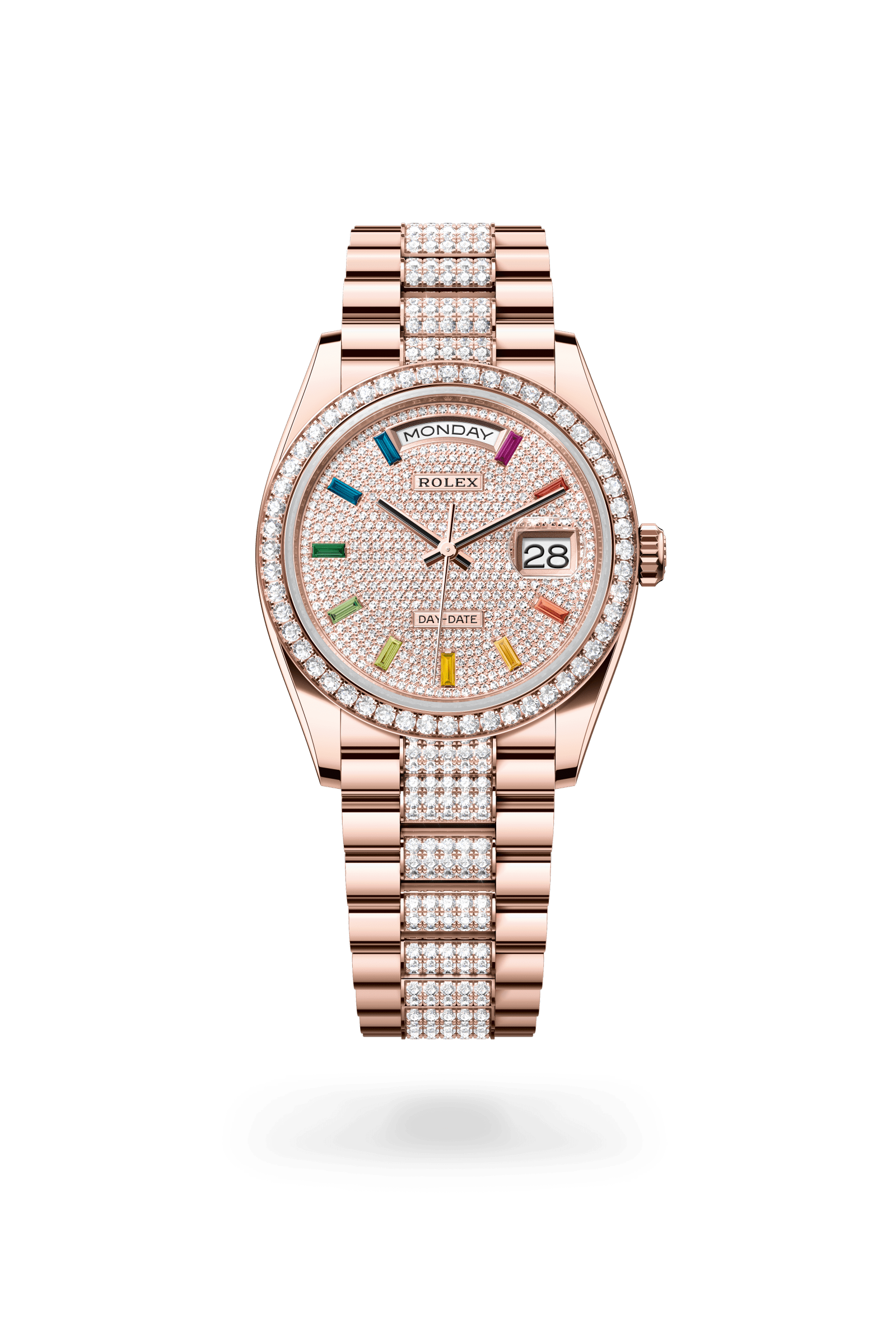 Rolex Oyster Perpetual Day-Date 36, 18 kt Everose gold, Diamond-paved with 10 baguette-cut dial 128345RBR-0043