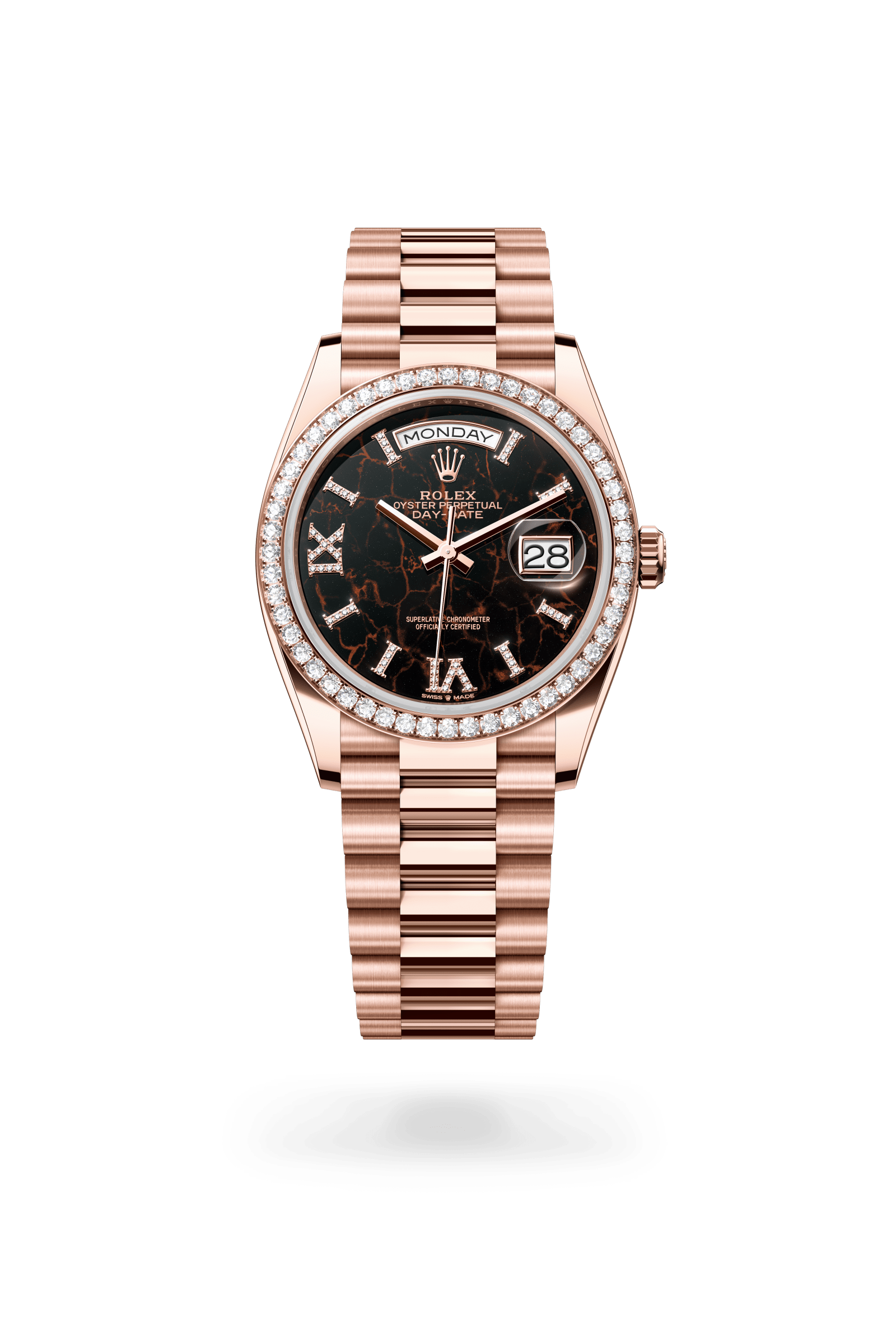 Rolex Oyster Perpetual Day-Date 36, 18 kt Everose gold, Eisenkiesel set with diamonds dial 128345RBR-0044