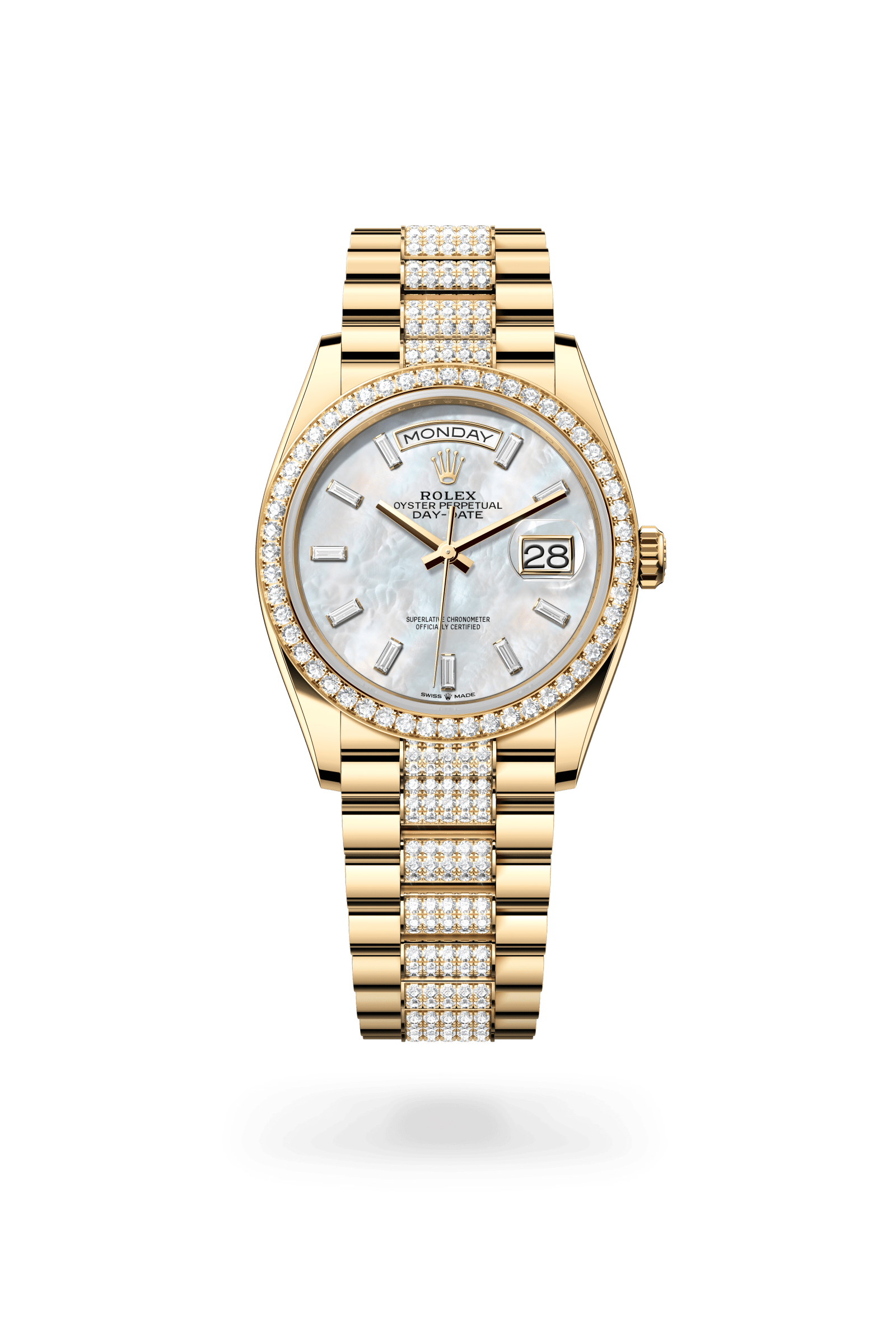 Rolex Oyster Perpetual Day-Date 36, 18 kt yellow gold, White mother-of-pearl set with diamonds dial 128348RBR-0071