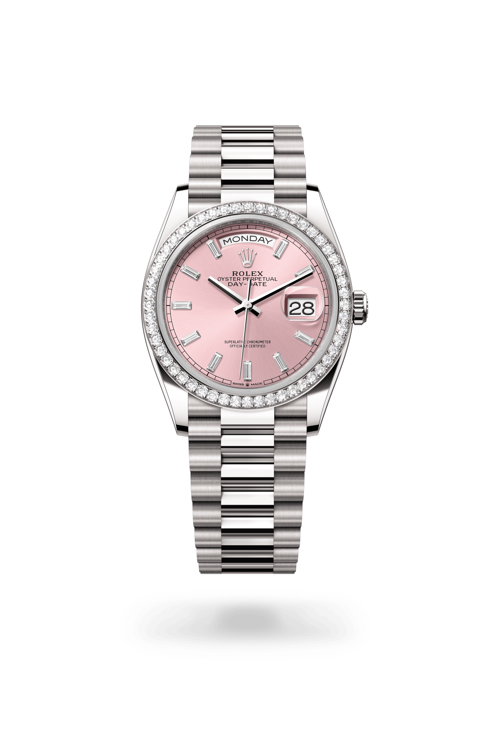 Rolex Oyster Perpetual Day-Date 36, 18 kt white gold, Pink set with diamonds dial 128349RBR-0088