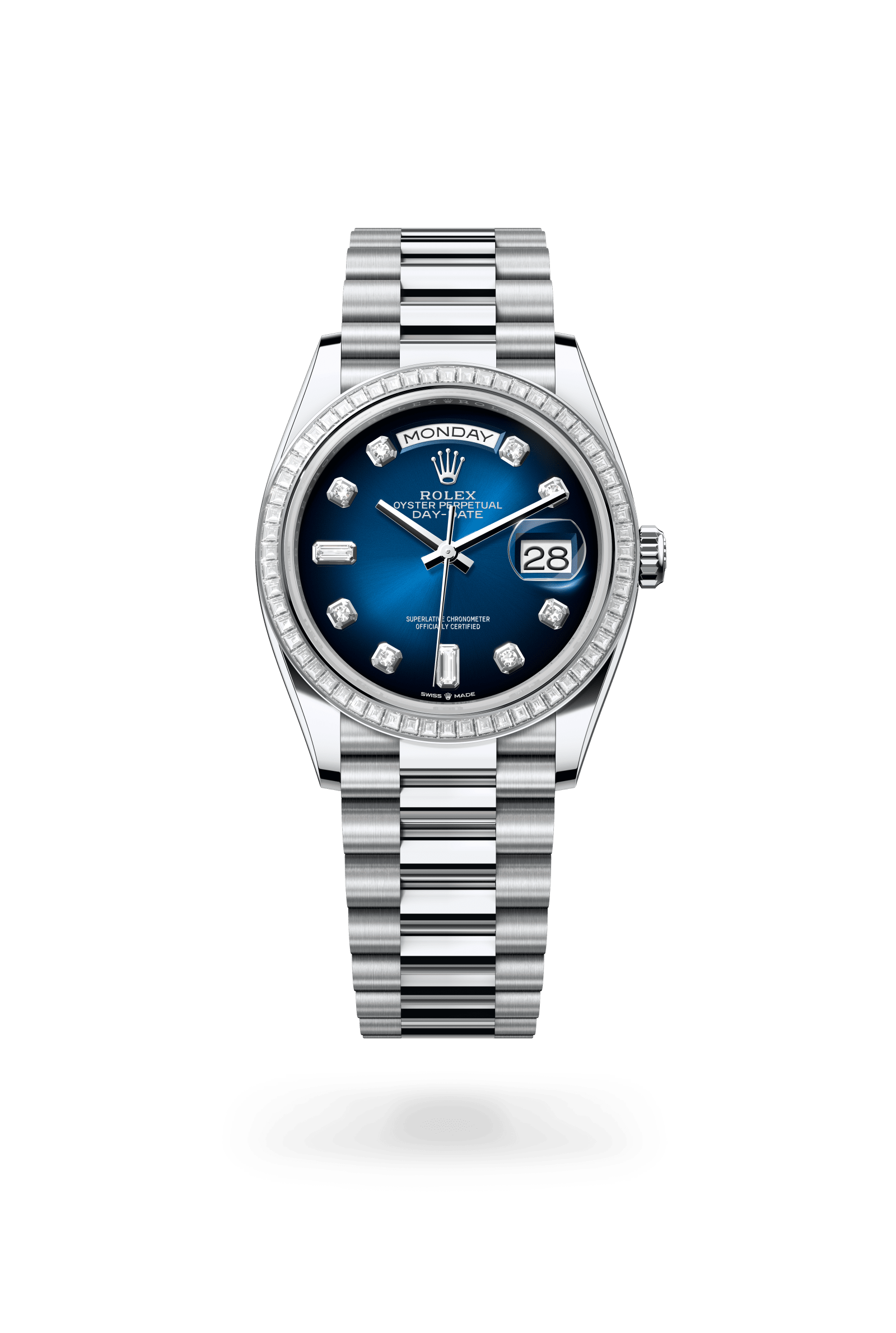 Rolex Oyster Perpetual Day-Date 36, Platinum, Blue ombré set with diamonds dial 128396TBR-0008
