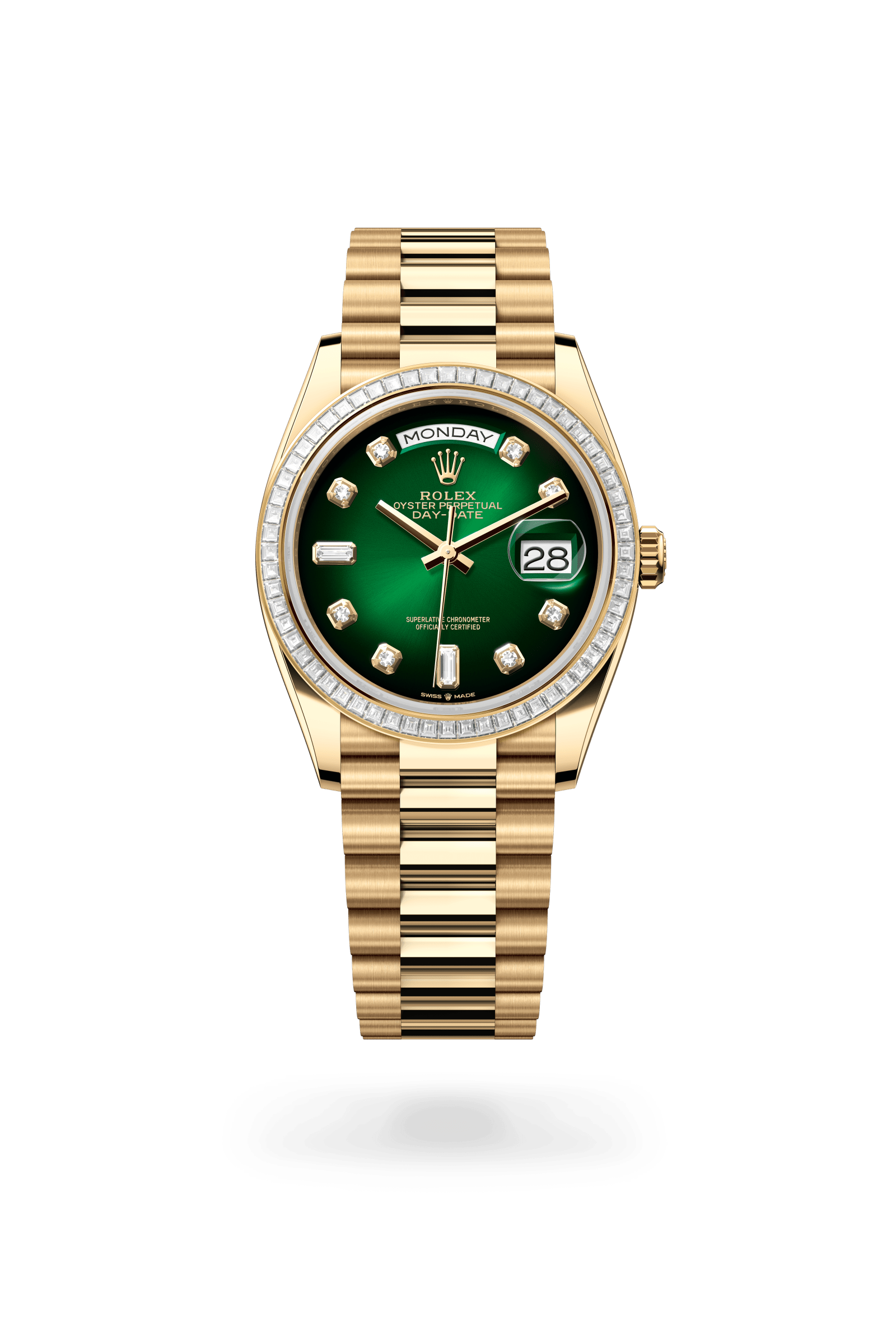 Rolex Oyster Perpetual Day-Date 36, 18 kt yellow gold, Green ombré set with diamonds dial 128398TBR-0008