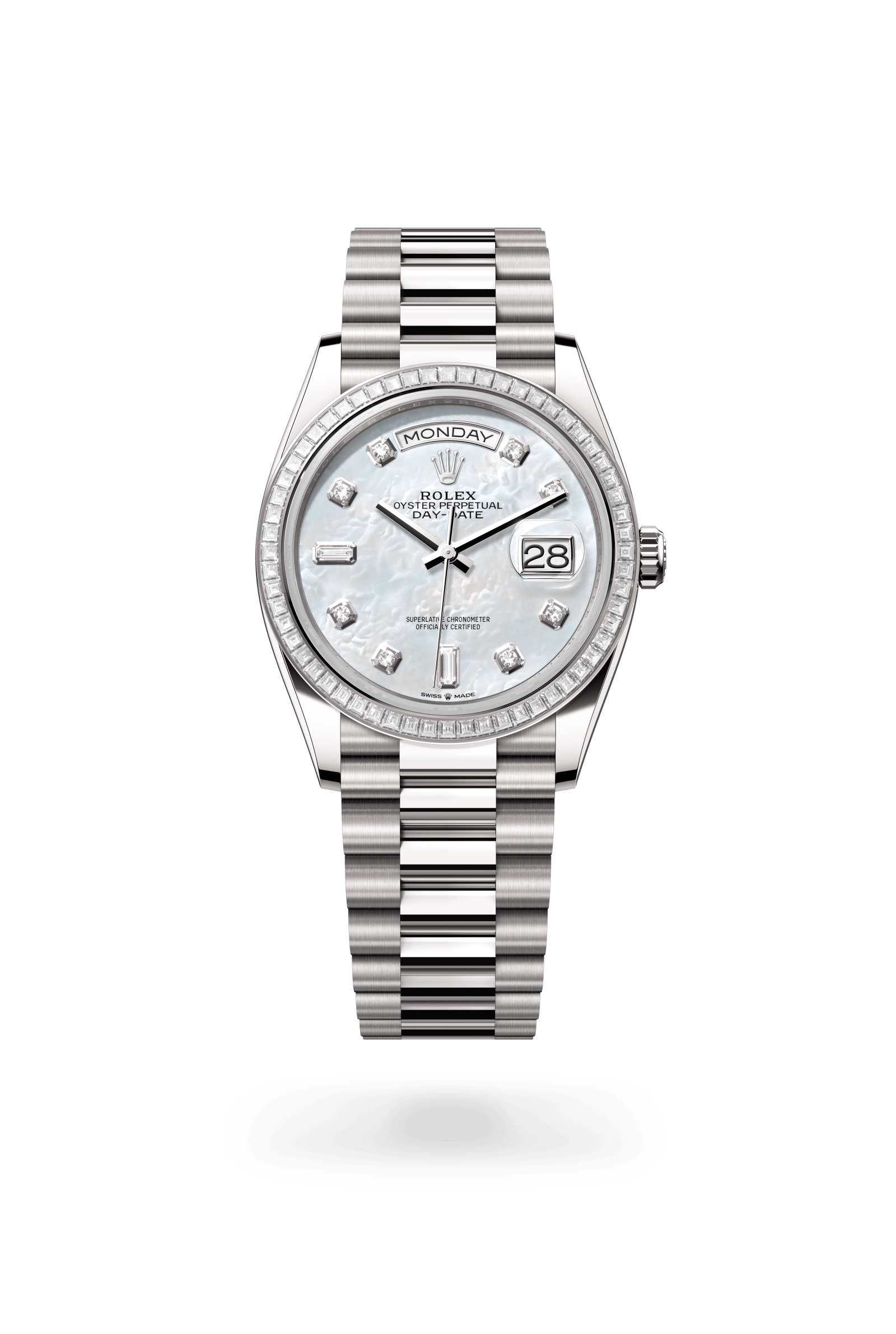 Rolex Oyster Perpetual Day-Date 36, 18 kt white gold, White mother-of-pearl dial 128399TBR-0003