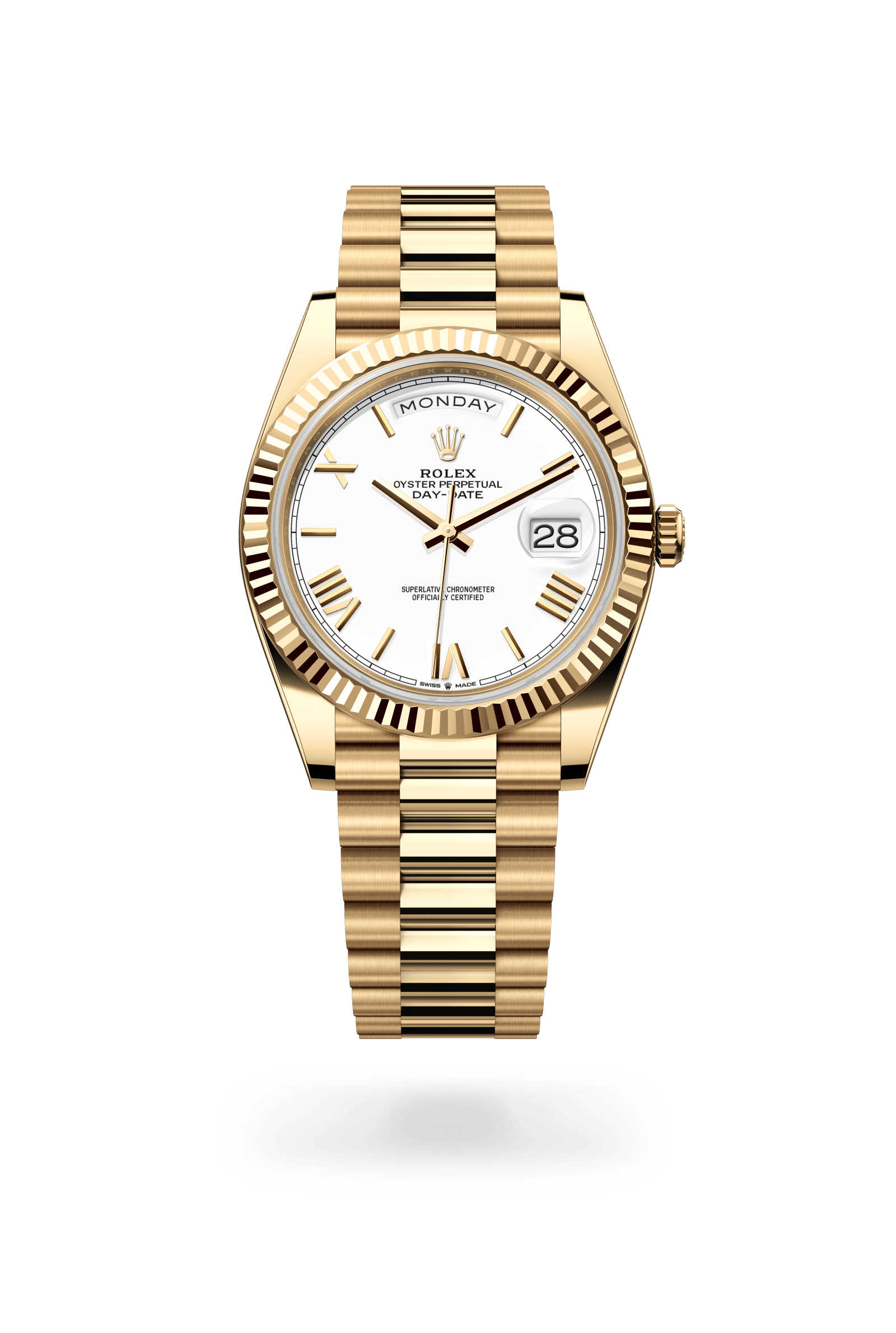 Rolex Oyster Perpetual Day-Date 40, 18 kt yellow gold, White lacquer with six applied layers dial 228238-0042