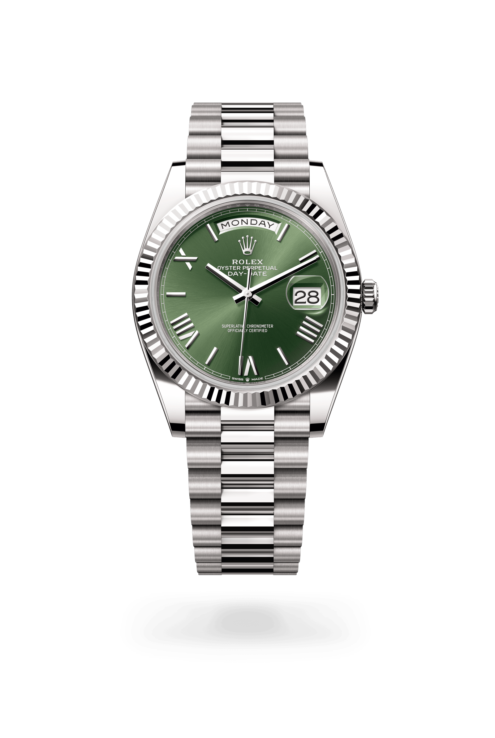 Rolex Oyster Perpetual Day-Date 40, 18 kt white gold, Olive green dial 228239-0033