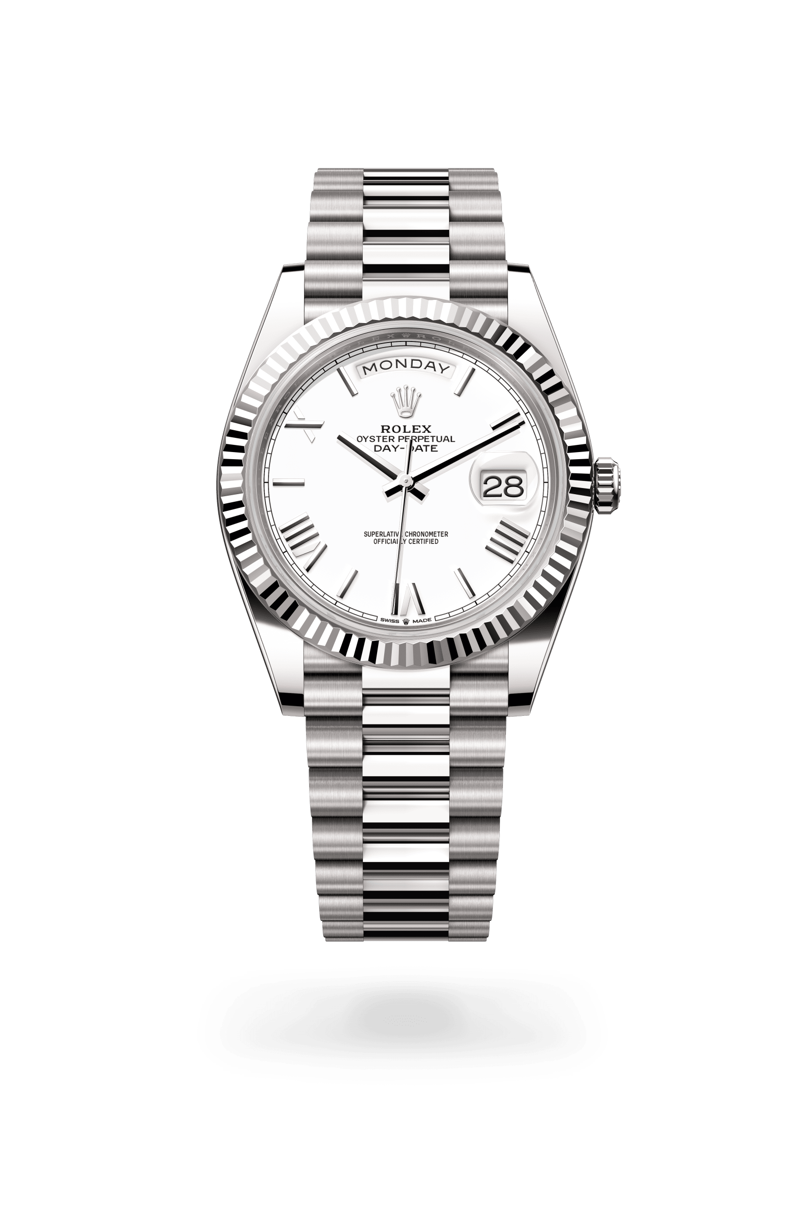 Rolex Oyster Perpetual Day-Date 40, 18 kt white gold, White lacquer dial 228239-0046